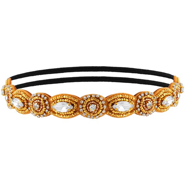 MINACHI Bohemian Beaded Hair Band, Sewn Rice Beads, Elastic Cotton Rope, Gold Tone, Women's Hair Accessory