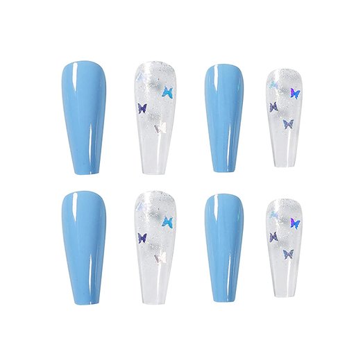 BABALAL Long Coffin Fake Nails Butterfly Ballerina False Nails Blue Press on Nails Glossy Acrylic Nail Tips with Design for Women and Girls