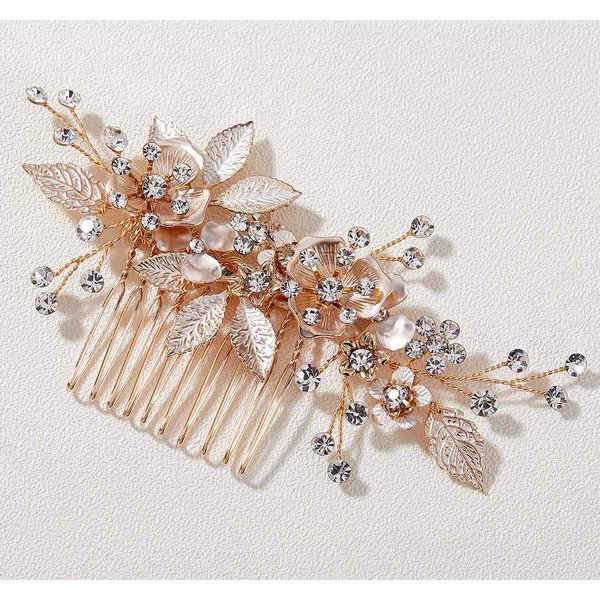 SWEETV Light Rose Gold Wedding Hair Comb Clip,Handmade Bridal Hair Accessories for Women Wedding