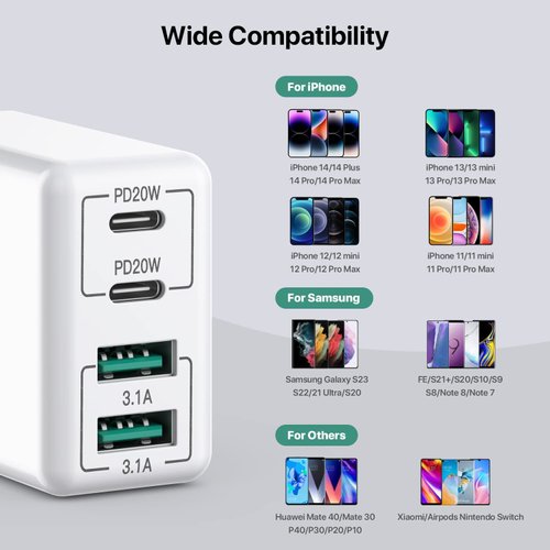 sccvee [2 Pack] USB C Wall Charger, 40W 4-Port USB C Charger Block,Fast Charging Block Dual Port PD+QC Wall Plug Multiport Type C Compatible with iPhone 14/13/12/11/Pro Max/XS/XR/8/smartphones/Tablet