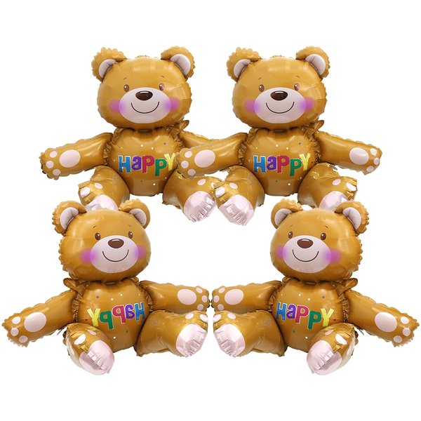 4D Teddy Bear Balloons Bear Birthday Party Supplies Baby Shower Decorations, 4 Pack Happy Bear Mylar Foil Balloons Self-Stand Woodland Jungle Safari Animal Brown Bear Helium Balloons