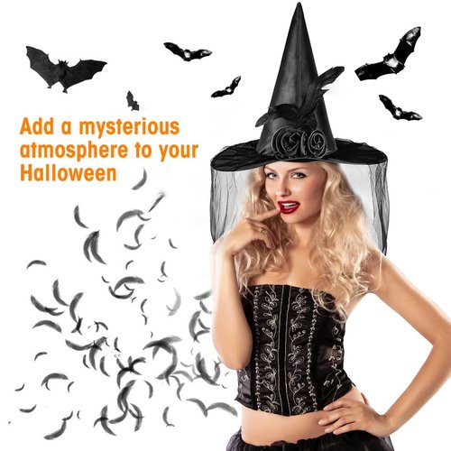 Welkin Halloween Black Witch Hat for Women with Soft Lace Mesh Rose& Feathers，Black Foldable Pointed Cap for Halloween Witch Costume or Halloween Party
