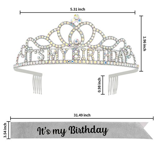 ACO-UINT Birthday Crown for Women, AB Rhinestone Birthday Headband Birthday Sash It's My Birthday Crown, Birthday Girl Crown Birthday Tiara Birthday Decorations Birthday Gifts
