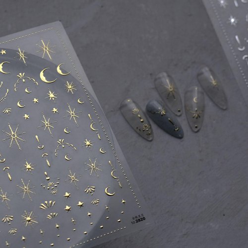 Moon Sun Star Nail Stickers 5D Gold Bronzing Classic Moon Star Back Adhesive Nail Decals Retro Laser Sun Moon Luxury Gold Sliver Nail Art Stickers Manicure Art for Women Girls Nail Decorations