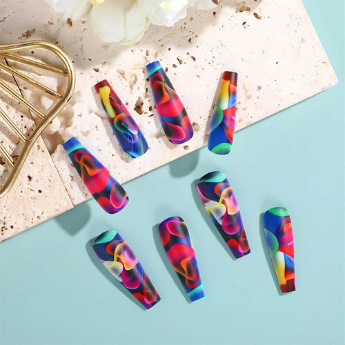 RUOKEXIN Acrylic Press on Nails Long Coffin Fake Nails with Nails Glue Long Ballet False Nails with Water Ripple Rainbow Designs Colorful Full Cover Artificial Nails Press Ons Stick on Nails 24Pcs