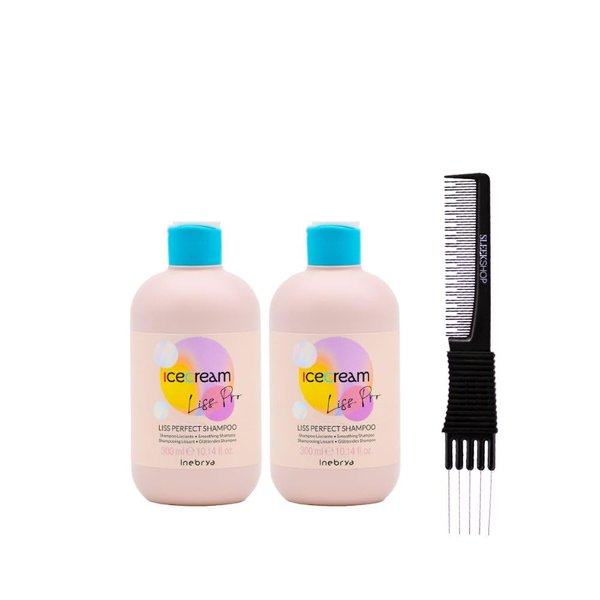 kuss Inebrya Ice Cream Liss-Pro Shampoo (10.14 oz) with Teasing Comb Pack of 2