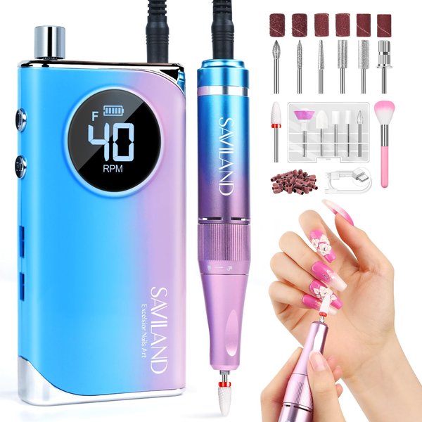 SAVILAND Electric Nail Drill Professional: 40000RPM Powerful Electric Nail File Portable Nail Drill with 12 Drill Bits Rechargeable Efile for Acrylic Gel Nails Removing Manicure Pedicure Salon