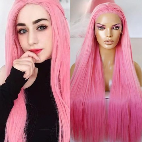 COCOFANS Pink Lace Front Wigs for Women Girls Long Silky Straight Synthetic Lace Wig Glueless Natural Hairline Wig Middle Part Heat Resitant Fiber Hair