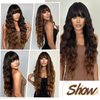 XIXIBI 30 Inch Long Wigs with Bangs Ombre Brown Wigs for Women Brown Mixed Blonde Highlight Wig Synthetic Curly Wavy Heat Resistant Wigs for Daily Party Use