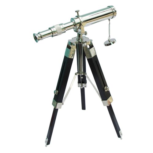 ECTORIA Nautical Collectible Silver Brass Handmade 10" Telescope with Black Wooden Tripod Stand Nautical Gift.