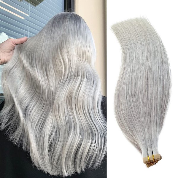 Invisible Tape in Hair Extensions 22 Inch Platinum Silver Remy Human Hair Tape in Extensions Light Silver Seamless Pu Tape in Hair Extensions for Women 50g/20pcs