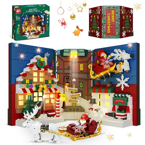 Christmas Expandable Book Building Kit with Light, Candy Gingerbread Figures House/2 Santa Reindeer/Christmas Tree/Snowman in The Street Scene Stacking Compatible with Lego, New Year Ornament (877PCS)
