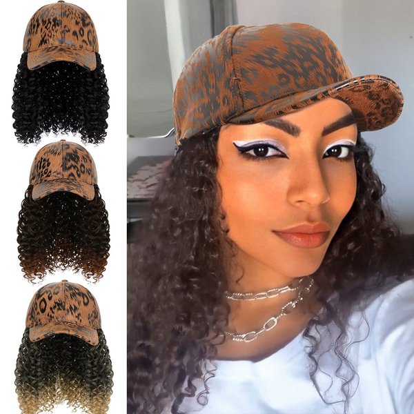 Qlenkay Leopard Baseball Cap with 16in Hair Extensions Adjustable Metal Buckle Wig Hat Attached African Kinky Curly Hairpiece for Woman Girl Dark Brown To Ginger Brown
