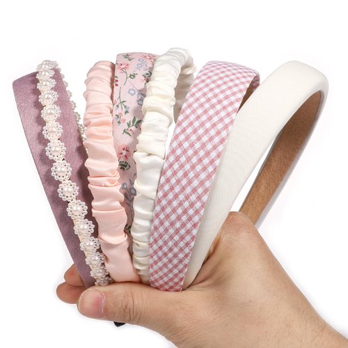 NQEUEPN 7pcs Cute Headbands Set for Women Girls, Anti-Slip Flower & Padded Headband Stylish Pearl Head Band Vintage Pink White Twisted Plaid Headband Hair Accessories
