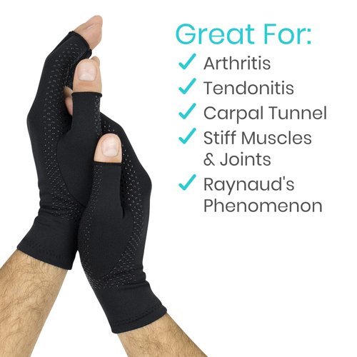 Vive Fingerless Arthritis Gloves for Men & Women Made w/Copper Infused Fabric - Therapeutic Compression for Swelling, Carpal Tunnel, Tendonitis, Edema, & Finger Pain - Comfortable Non-Slip (Medium)