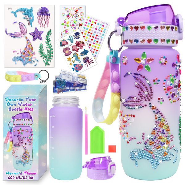 Decorate Your Own Water Bottle Kits for Girls Age 4-6-8-10-12, Mermaid Gem Diamond Painting Crafts, Arts and Crafts for Kids Ages 8-12, Birthday Gifts for Girls
