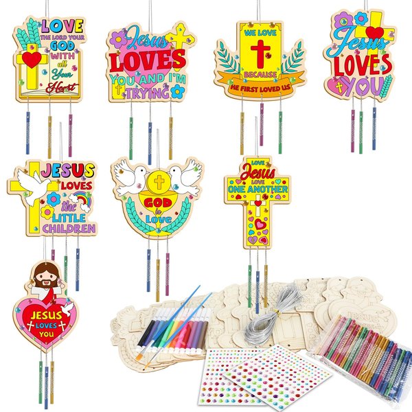 gisgfim 16 Pack Jesus Loves Me Crafts for Kids Wooden Religious Wind Chime Crafts Kits Make Your Own Christian Crafts Wooden DIY Arts for Party School Classroom Decorations Supplies Birthday Favors