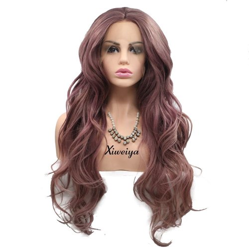 Xiweiya Long Loose Curly Dirty Purple Lace Front Wig Smoke Pink Hair Mixed Synthetic Lace Front Wigs Heat Resistant Glueless Wavy Wig Hand Tied Wigs…