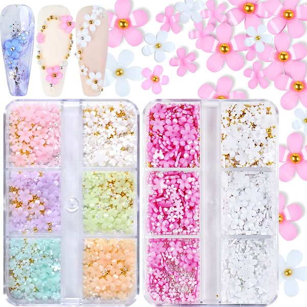 3D Flower Nail Charms, 2 Boxes 3D Acrylic Flower Nail Art Rhinestones White Pink Mixed Cherry Blossom Spring Gems Acrylic Nail Supplies with Pearls Manicure DIY Nail Decorations