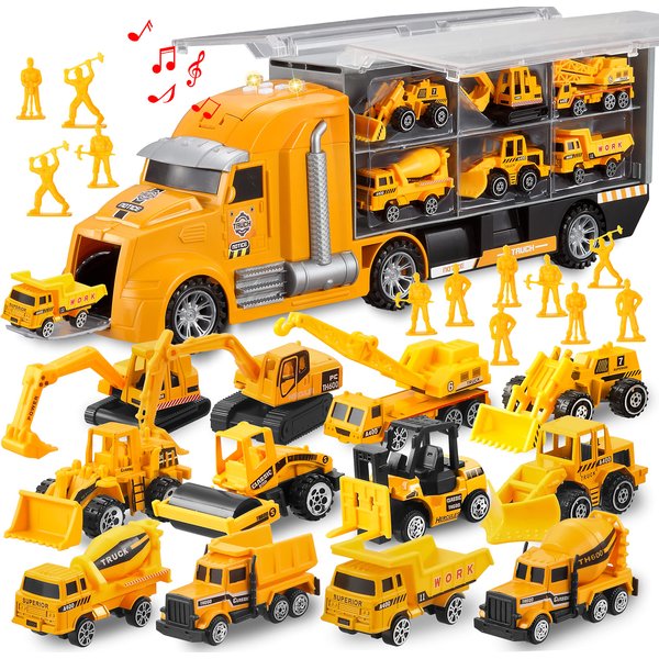 JOYIN 25 in 1 Construction Truck Vehicle Toy Set, Play Vehicles Set with Sounds and Lights in Carrier Truck, Push and Go Vehicle Car Toy, Kids Birthday Gifts for Over 3 Years Old Boys