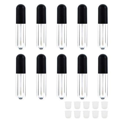AJLTPA 10 Pieces Round Lip Gloss Tubes with Wand, 4.5ml Mini Lip Gloss Containers Empty, Lipgloss Wand Tubes with Rubber Stoppers for Women Cosmetics DIY (Black)