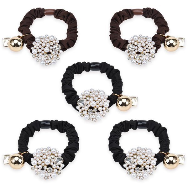 Yonchic 5-Piece Pearl Elastic Hair Ties, Luxury Designed Style Scrunchies Ladies Long Lasting Braids Ponytail Holders, Multicolor Hair Tie Fashion Rubber Bands Hair Accessories For Girls