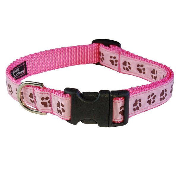 Small Pink/Brown Puppy Paws Dog Collar: 5/8" wide, Adjusts 10-14" - Made in USA.