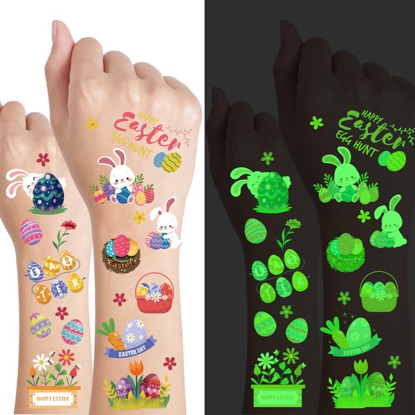 Crazy Night Glow Easter Temporary Tattoos for Kids -75 Styles, Glow Easter Tattoos for Kids Party Favors, Happy Easter Party Supplies Gifts for Boys and Girls, Easter Basket Stuffers