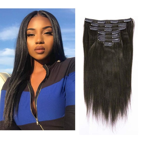 Anrosa Yaki Hair Clip in Yaki Hair Extensions Clip in Human Hair Yaki Hair Clip in Extensions for African American Yaki Straight Clip ins Natural Hair Thick Volume Natural Black 1B 14 inch 120 Gram