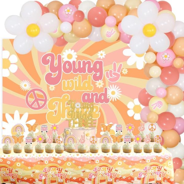 Cheereveal Young Wild and Three Decorations Girl, Groovy 3rd Birthday Decorations Balloon Garland Kit, Three Groovy Birthday Decorations, Backdrop, Tablecloth for Groovy Birthday Party Supplies