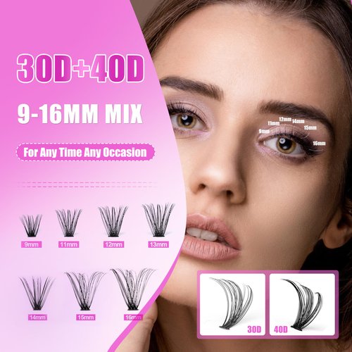 ALUDALASY Lash Clusters DIY Lash Extension Kit 240 PCS Lash Cluster Wispy 30D40D 9-16mm MIX D Curl Lash Cluster Bond and Seal Waterproof & Tweezer Individual Eyelash Extension Kit for Self Use(40D)