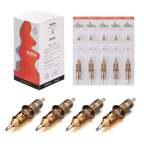 RHEIN Tattoo Cartridges Needles 50pcs, Tattoo Needle Kit Mixed #10 Bugpin 0.3mm Round Liner & #12 Standard 0.35mm 1RL 3RL 5RL 7RL 9RL, 3.5mm M-Taper Each Size 5pcs Tattoo Supplies EN02-50KIT-C
