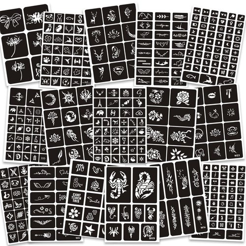 16 Sheets Henna Tattoo Stencils Reusable for Women Girls and Kids, 350+ PCS Tattoo Templates, Airbrush Tattoo Stencil
