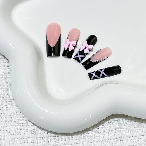 24Pcs Black French Tip Press on Nails Long Coffin Pink Fake Nails silk ribbon Stick on Nails with Bow & Pearl Nail Charms False Nails Artificial Glossy Full Cover Acrylic Nails for Women Long Nails