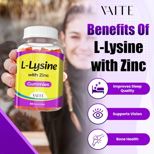 L-Lysine 1000mg with Zinc Gummies - Vitamins for Adults Tissue Health & Vegan Lysine Supplement Immune Support, Supports Skin, Lip, Gluten Free, Non-GMO, Amino Acid Supplements, 60 Gummy