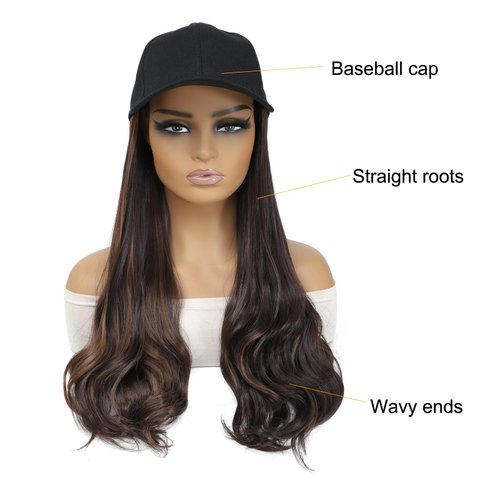 Yunkang Hat Wig Baseball Cap With Long Wavy Ends Straight Hair Extensions Attached Heat Resistant Synthetic Fiber Hairpiece Replacement Wigs in Hat for Woman Girls Mix brown(Mdark brown, 18inch)