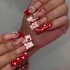BABALAL Long Square Press on Nails Pink French Fake Nails Red Heart Glue on Nails Pearl Strawberry Design Cute Acrylic Nails Squoval 3d Bow Manicure Valentine's Day False Nails for Women and Girls
