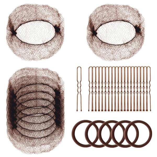 TsMADDTs Hair Nets for Buns Invisible Hair Nets and U Shaped Pins Set, 30PCS Hair Net, 30PCS 2.4 INCH Hair Pins, 5PCS Hair Bands, Brown