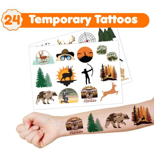 36PCS Hunting Party Favors 24 Tattoos Sticker 12 Stamp Set - Ideal Bear Oh Deer Themed Birthday Card Decorations Supplies Goodie Bag Cute Rewards for Girls Classroom Gifts Baby Shower Prizes