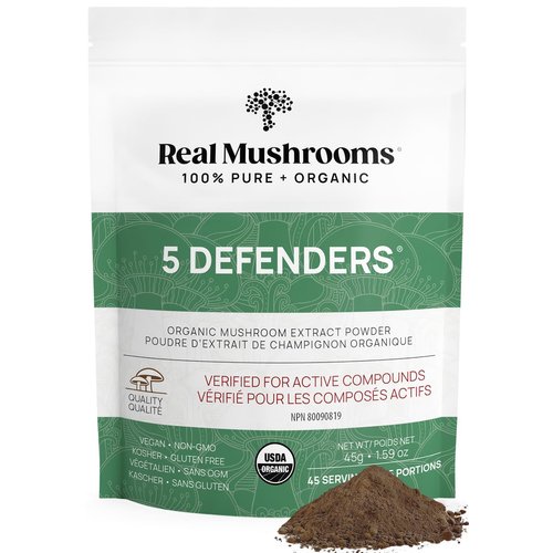 Real Mushrooms 5 Defenders Powder - Organic Mushroom Extract w/Chaga, Shiitake, Maitake, Turkey Tail, & Reishi - Supplement for Brain, Focus, & Immune Support - 45 Servings