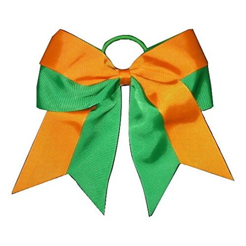 NEW "Two-Tone ORANGE & GREEN" Cheer Bow Pony Tail 7 Inch Girls Hair Cheerleading Dance Practice Football Games Uniform Elastic Grosgrain Ribbon