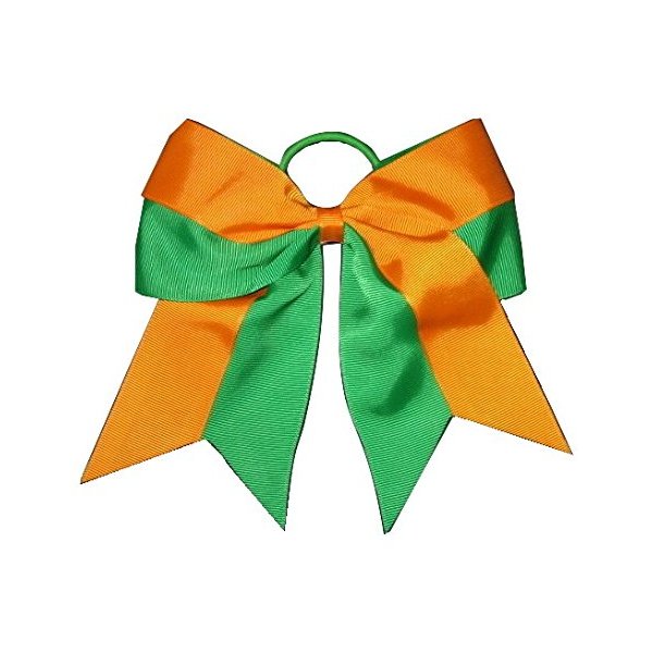 NEW "Two-Tone ORANGE & GREEN" Cheer Bow Pony Tail 7 Inch Girls Hair Cheerleading Dance Practice Football Games Uniform Elastic Grosgrain Ribbon