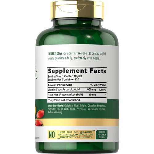 Carlyle Vitamin C 1000mg | Timed Release | 120 Vegetarian Caplets | with Rose HIPS | Non-GMO & Gluten Free Supplement