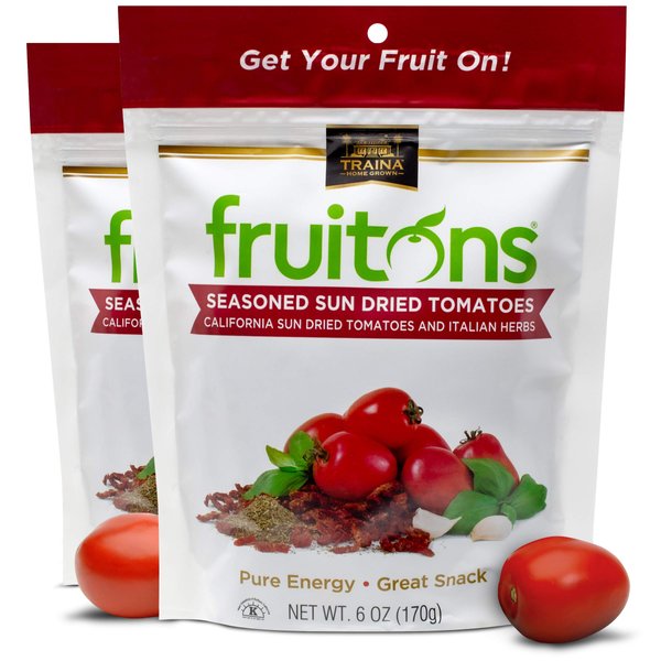 Traina Home Grown Fruitons Seasoned California Sun Dried Tomatoes and Italian Herbs - No Added Sugar, Non GMO, Gluten Free, Kosher Certified, Tomatoes are a low calorie food, 6-OZ Pouch (Pack of 2)