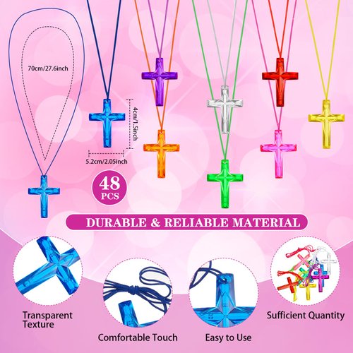 Equsion 48 Pcs Cross Necklaces Christian Religious Party Favors for Kids Include 24 Plastic Crystal Cross Necklace DIY Craft Gifts with 24 Cross Bracelet for Vacation Bible School Prize Favor