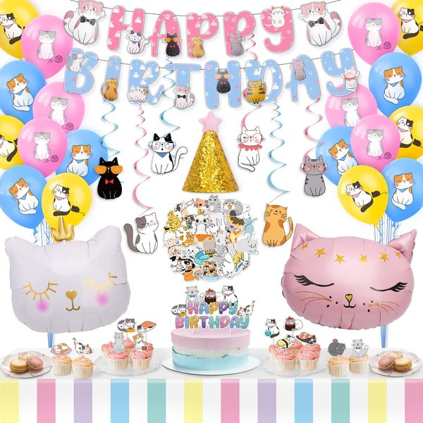 Miucat Cat Birthday Party Supplies, Cat Party Decorations Include Happy Birthday Banner, Hanging Swirls, Birthday Hat, Stickers and Tablecloth for Kids Kitten Birthday Party Decorations
