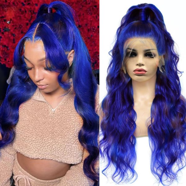 Dark Blue Wigs Lace Front Wig Pre Plucked Colored Royal Blue Lace Wigs for Fashion Women Glueless Long Body Wave Frontal Wig Synthetic Heat Resistant Hair Daily Cosplay Party Halloween Wig 24inch