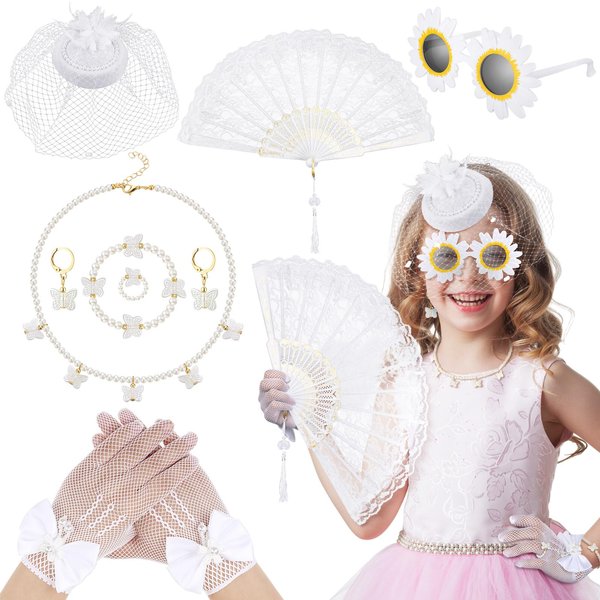 Jenaai 8 Pcs Girls Tea Party Supplies Tea Party Gloves Hats Necklace Fan for Girls Halloween Tea Party Costume(White,Fresh)