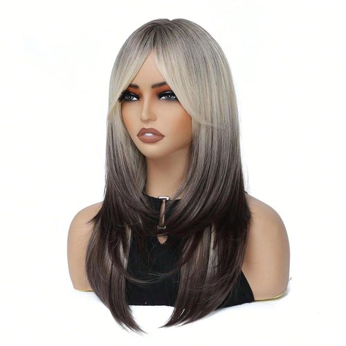 Billowig Long Layered Wigs with Dark Roots Women's Straight Wig with Bangs, Natural Lace Heat-Resistant Layered Synthetic Wigs for Daily Use (Ombre Black)
