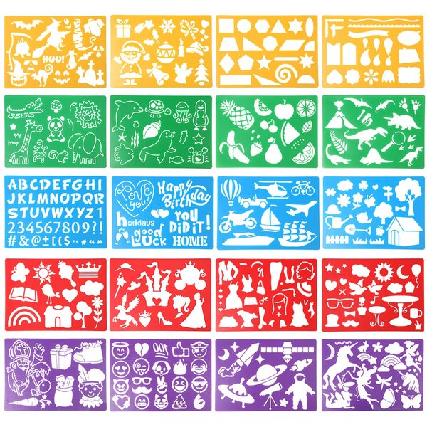 HADDIY Kids Drawing Stencils Set , 20 Pcs Plastic Stencil Kit 300+ Patterns Drawing Templates for Girls & Boys Gift and Card Making